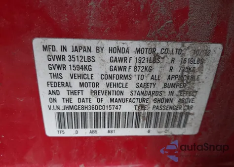 2013 Honda Fit из США, поврежденный, VIN JHMGE8H36DC015747